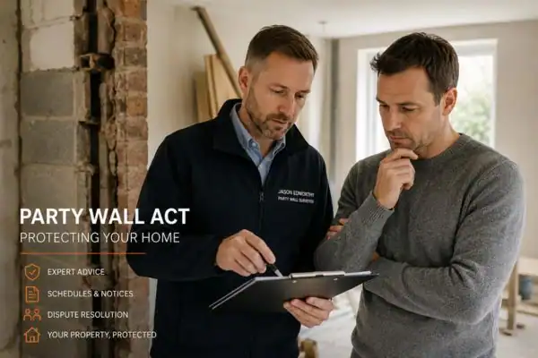 Party wall surveyor Brackley discussing extension plans with homeowner outside a UK semi-detached house.